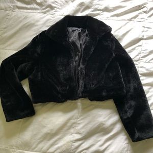 Black Cropped Faux Fur Coat